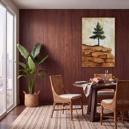 Young Pine Layered Sandstone Rustic wall art in a warm boho-style room – small evergreen tree on a ridge of orange
