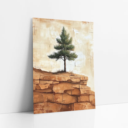 Young Pine Layered Sandstone Rustic art print leaning against a white wall – small evergreen tree on a ridge of orange