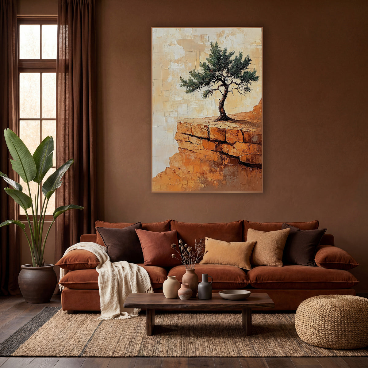 Lone Juniper Desert Ridge Boho wall art in a warm boho-style room – twisted green juniper tree on an orange sandstone