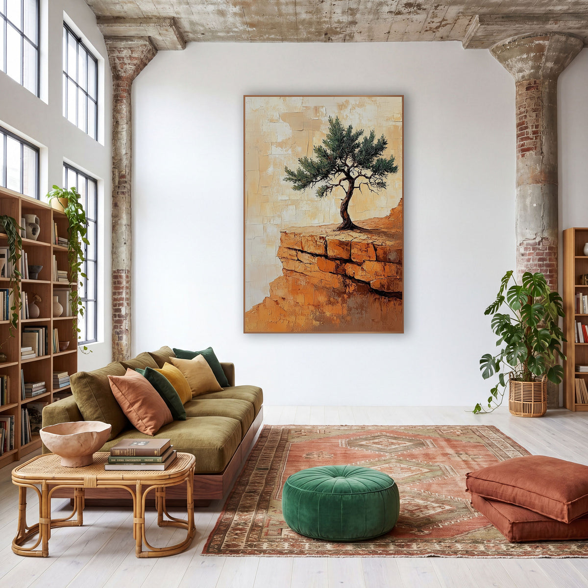 Lone Juniper Desert Ridge Boho wall art in a warm boho-style room – twisted green juniper tree on an orange sandstone