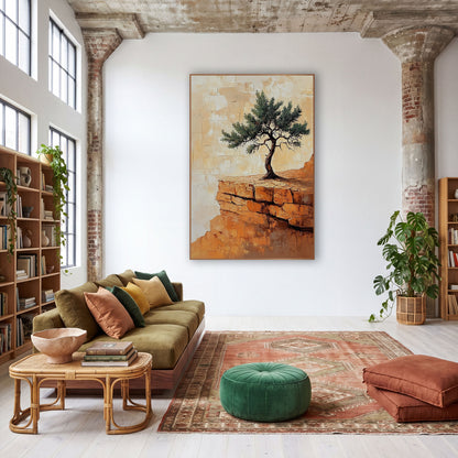 Lone Juniper Desert Ridge Boho wall art in a warm boho-style room – twisted green juniper tree on an orange sandstone