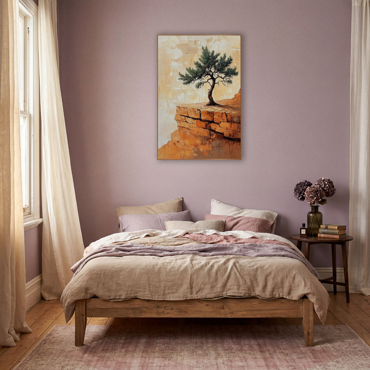 Lone Juniper Desert Ridge Boho wall art in a warm boho-style room – twisted green juniper tree on an orange sandstone