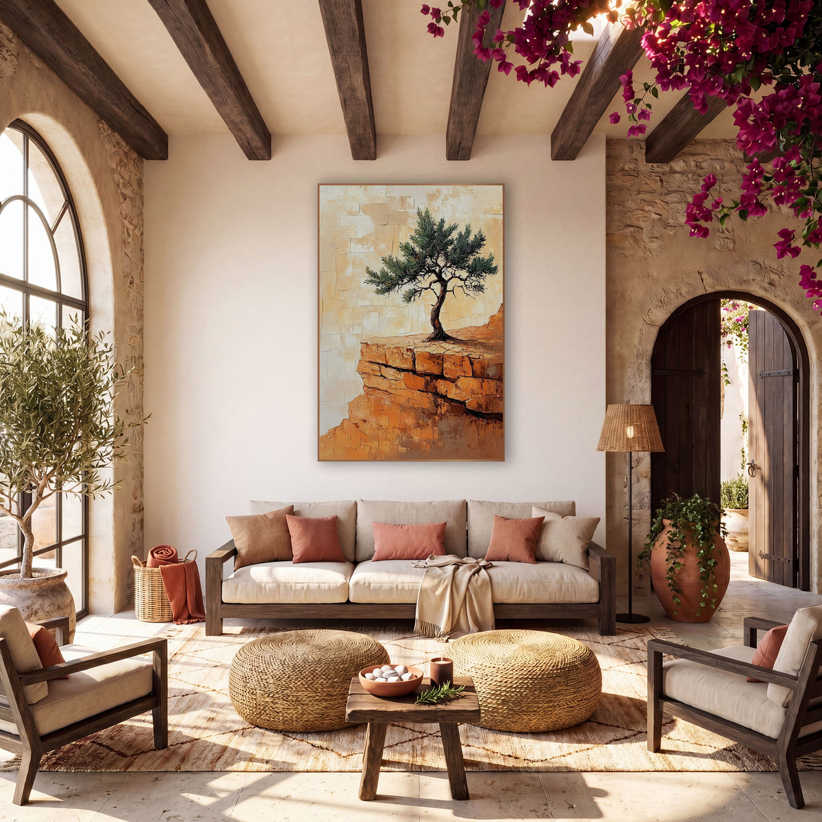 Lone Juniper Desert Ridge Boho wall art in a warm boho-style room – twisted green juniper tree on an orange sandstone