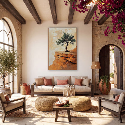 Lone Juniper Desert Ridge Boho wall art in a warm boho-style room – twisted green juniper tree on an orange sandstone
