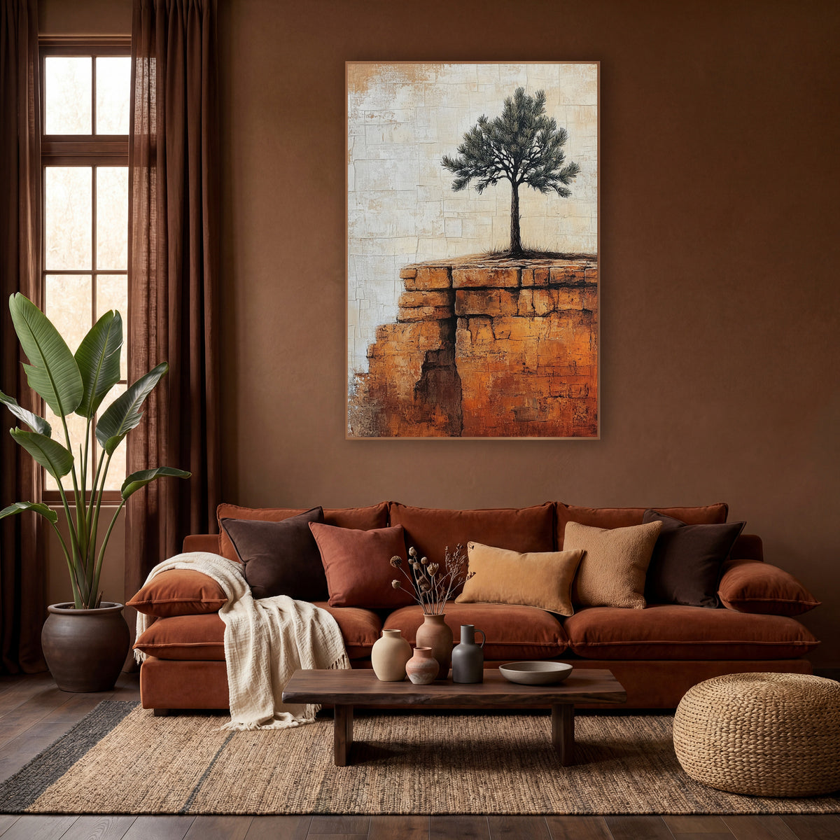Lone Evergreen Rust Ledge Boho wall art in a warm boho-style room – lone evergreen tree on a rust-orange stone ridge
