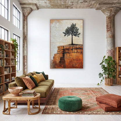 Lone Evergreen Rust Ledge Boho wall art in a warm boho-style room – lone evergreen tree on a rust-orange stone ridge