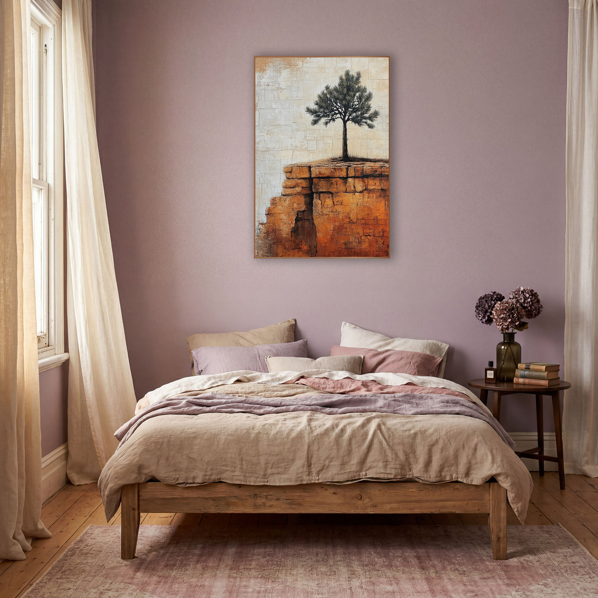Lone Evergreen Rust Ledge Boho wall art in a warm boho-style room – lone evergreen tree on a rust-orange stone ridge