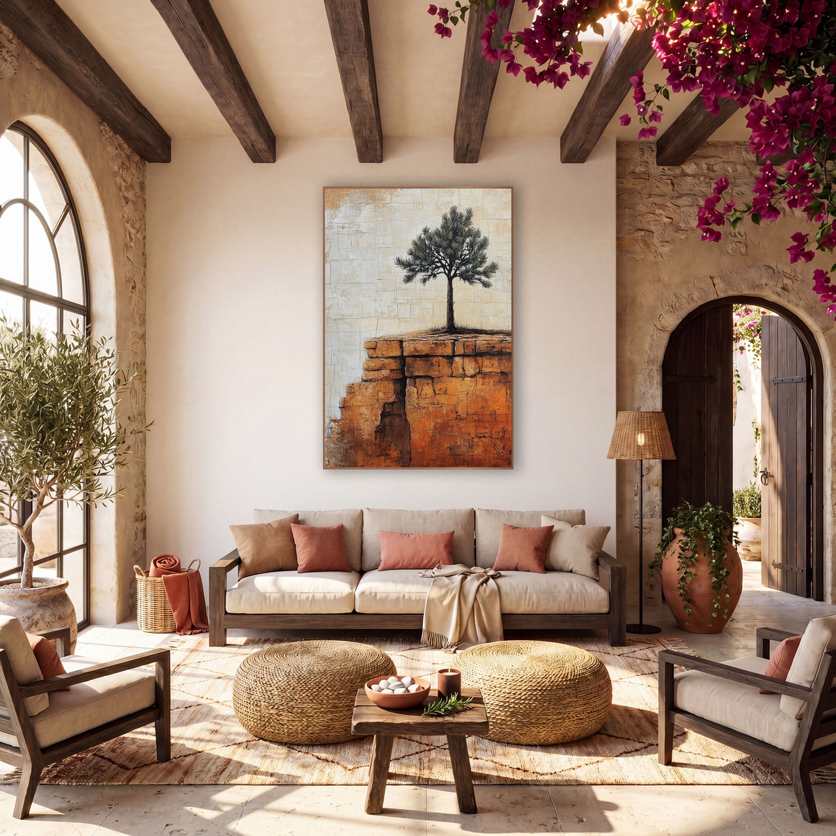 Lone Evergreen Rust Ledge Boho wall art in a warm boho-style room – lone evergreen tree on a rust-orange stone ridge
