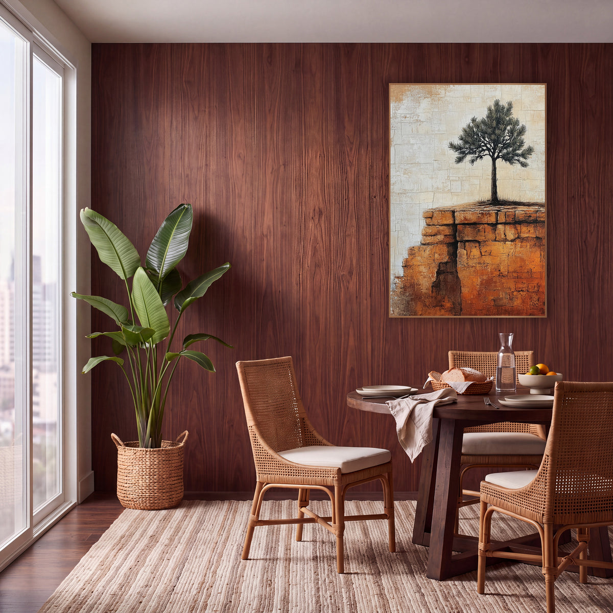 Lone Evergreen Rust Ledge Boho wall art in a warm boho-style room – lone evergreen tree on a rust-orange stone ridge