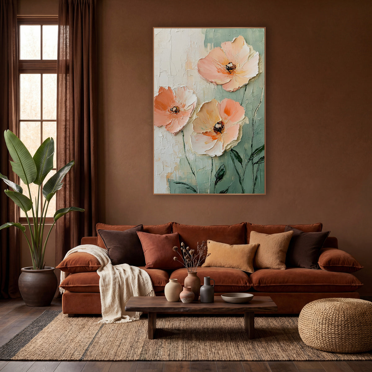 Peach Poppy Trio Boho wall art in a warm boho-style room – three large peach and cream flowers with dark centers
