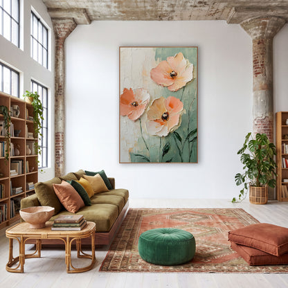Peach Poppy Trio Boho wall art in a warm boho-style room – three large peach and cream flowers with dark centers