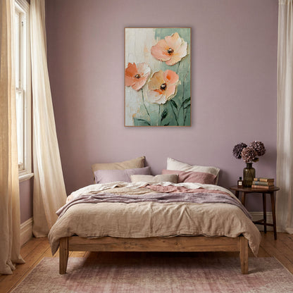 Peach Poppy Trio Boho wall art in a warm boho-style room – three large peach and cream flowers with dark centers