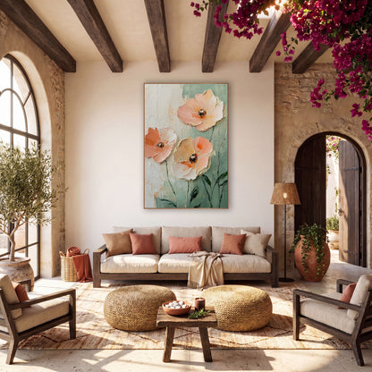 Peach Poppy Trio Boho wall art in a warm boho-style room – three large peach and cream flowers with dark centers