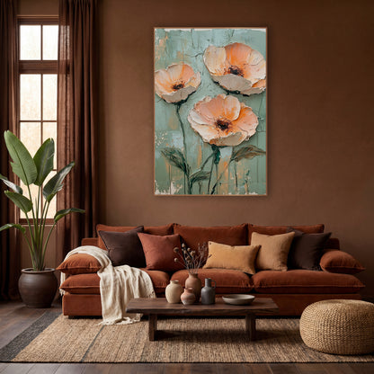 Apricot Poppies Cracked Teal Painterly wall art in a warm boho-style room – three large peach and apricot flowers