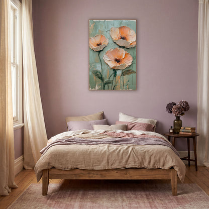Apricot Poppies Cracked Teal Painterly wall art in a warm boho-style room – three large peach and apricot flowers