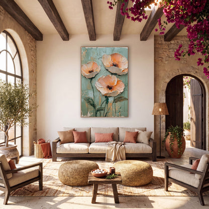Apricot Poppies Cracked Teal Painterly wall art in a warm boho-style room – three large peach and apricot flowers