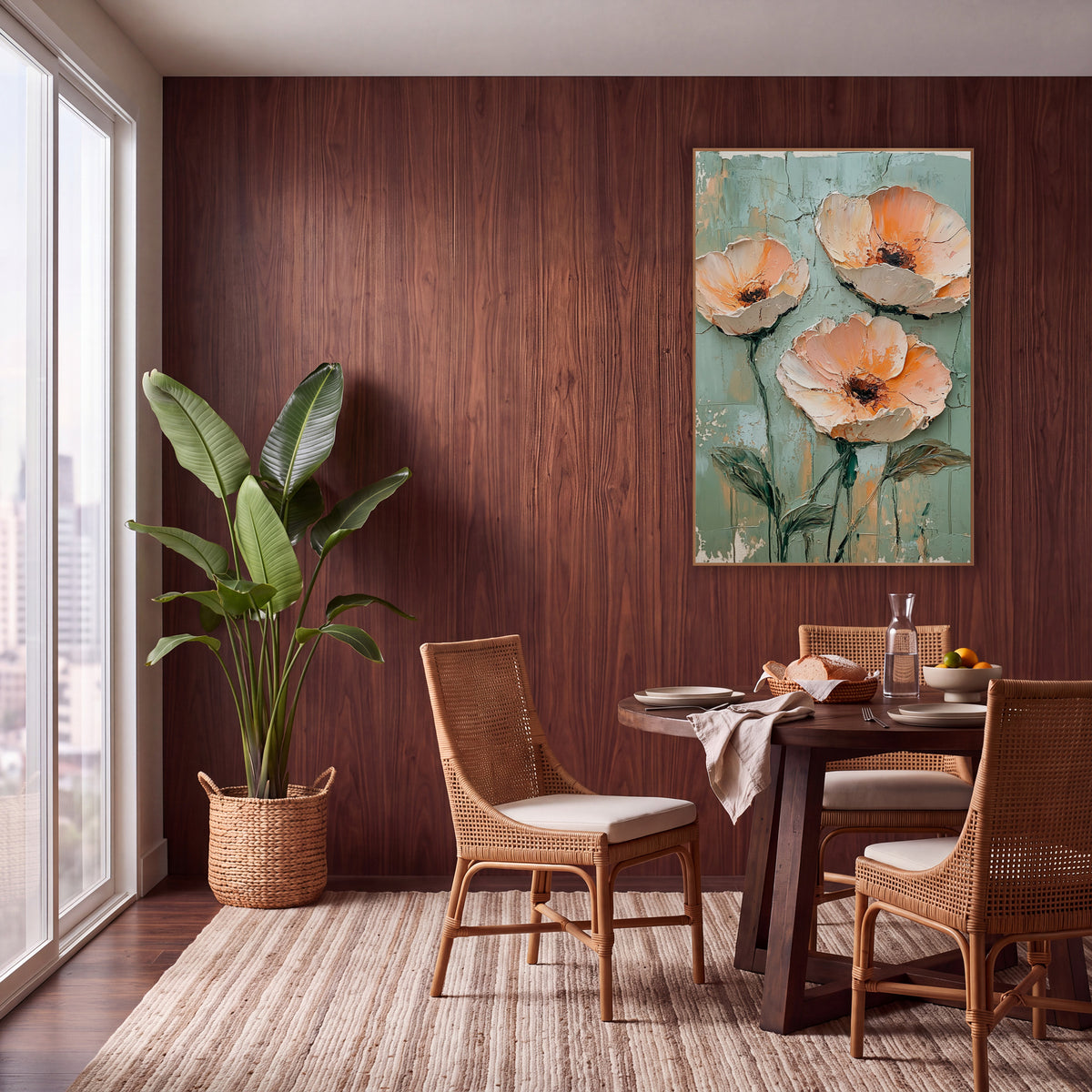 Apricot Poppies Cracked Teal Painterly wall art in a warm boho-style room – three large peach and apricot flowers