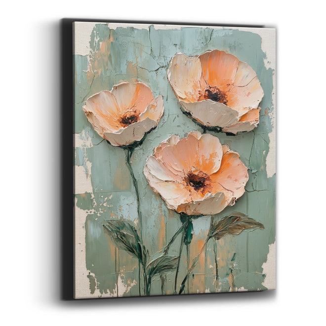 Apricot Poppies Cracked Teal Painterly Canvas Wall Art
