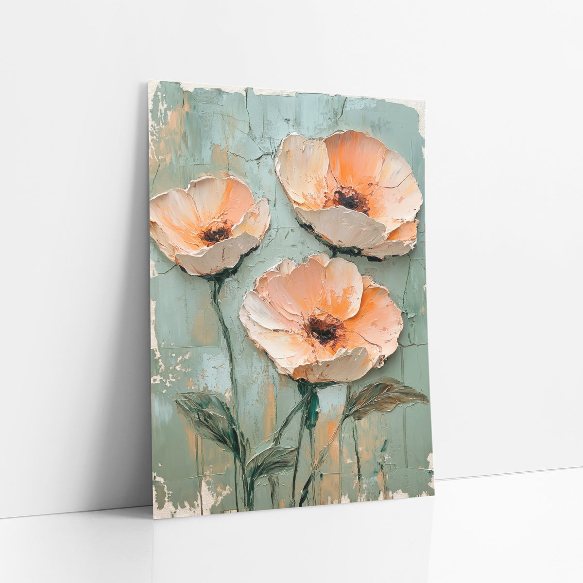 Apricot Poppies Cracked Teal Painterly art print leaning against a white wall – three large peach and apricot flowers