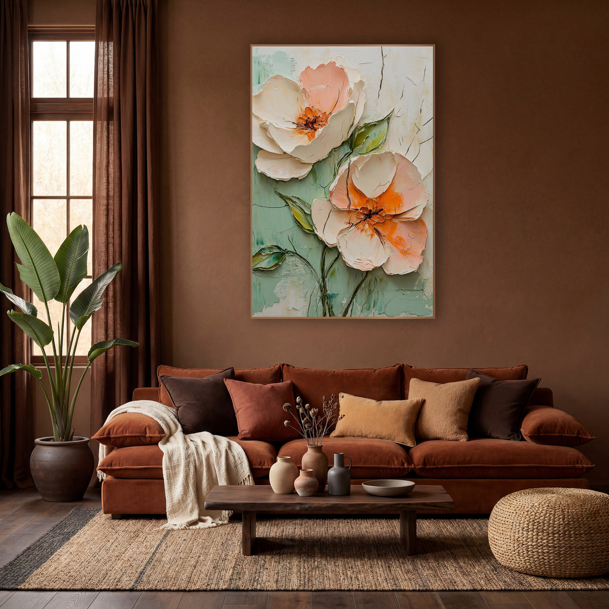 Peach Blossom Duo Boho Floral wall art in a warm boho-style room – two large peach and cream blossoms with orange
