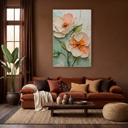 Peach Blossom Duo Boho Floral wall art in a warm boho-style room – two large peach and cream blossoms with orange