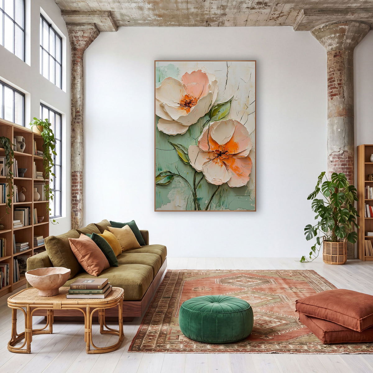 Peach Blossom Duo Boho Floral wall art in a warm boho-style room – two large peach and cream blossoms with orange