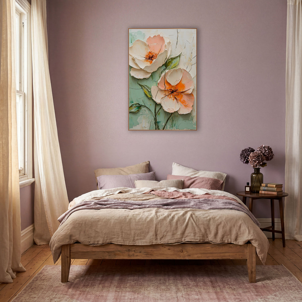 Peach Blossom Duo Boho Floral wall art in a warm boho-style room – two large peach and cream blossoms with orange