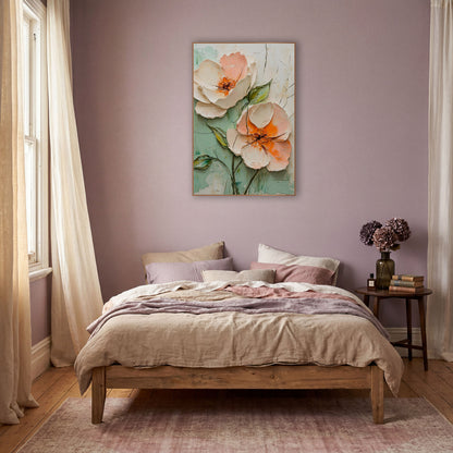 Peach Blossom Duo Boho Floral wall art in a warm boho-style room – two large peach and cream blossoms with orange