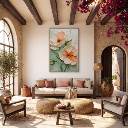 Peach Blossom Duo Boho Floral wall art in a warm boho-style room – two large peach and cream blossoms with orange