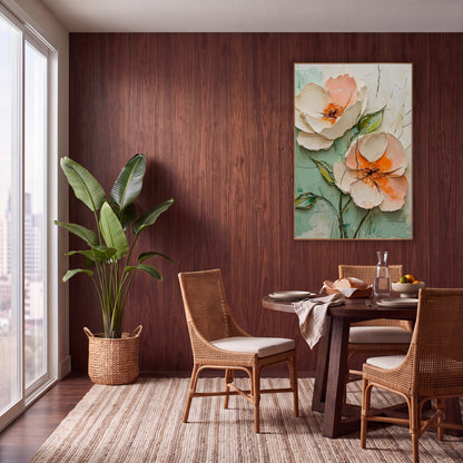 Peach Blossom Duo Boho Floral wall art in a warm boho-style room – two large peach and cream blossoms with orange