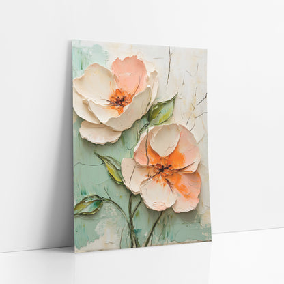 Peach Blossom Duo Boho Floral art print leaning against a white wall – two large peach and cream blossoms with orange centers