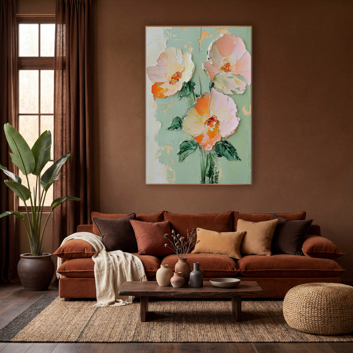 Peach Blush Flower Trio Boho wall art in a warm boho-style room – three large peach and blush pink flowers with orange