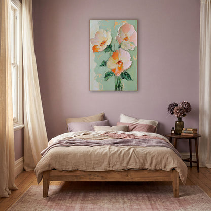 Peach Blush Flower Trio Boho wall art in a warm boho-style room – three large peach and blush pink flowers with orange