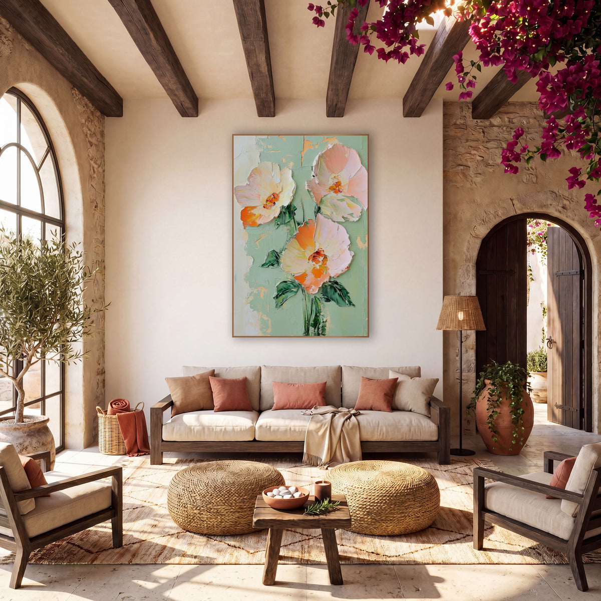 Peach Blush Flower Trio Boho wall art in a warm boho-style room – three large peach and blush pink flowers with orange
