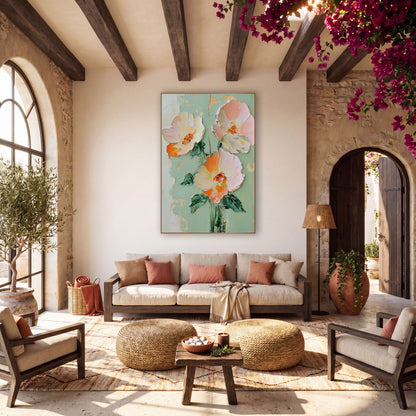 Peach Blush Flower Trio Boho wall art in a warm boho-style room – three large peach and blush pink flowers with orange