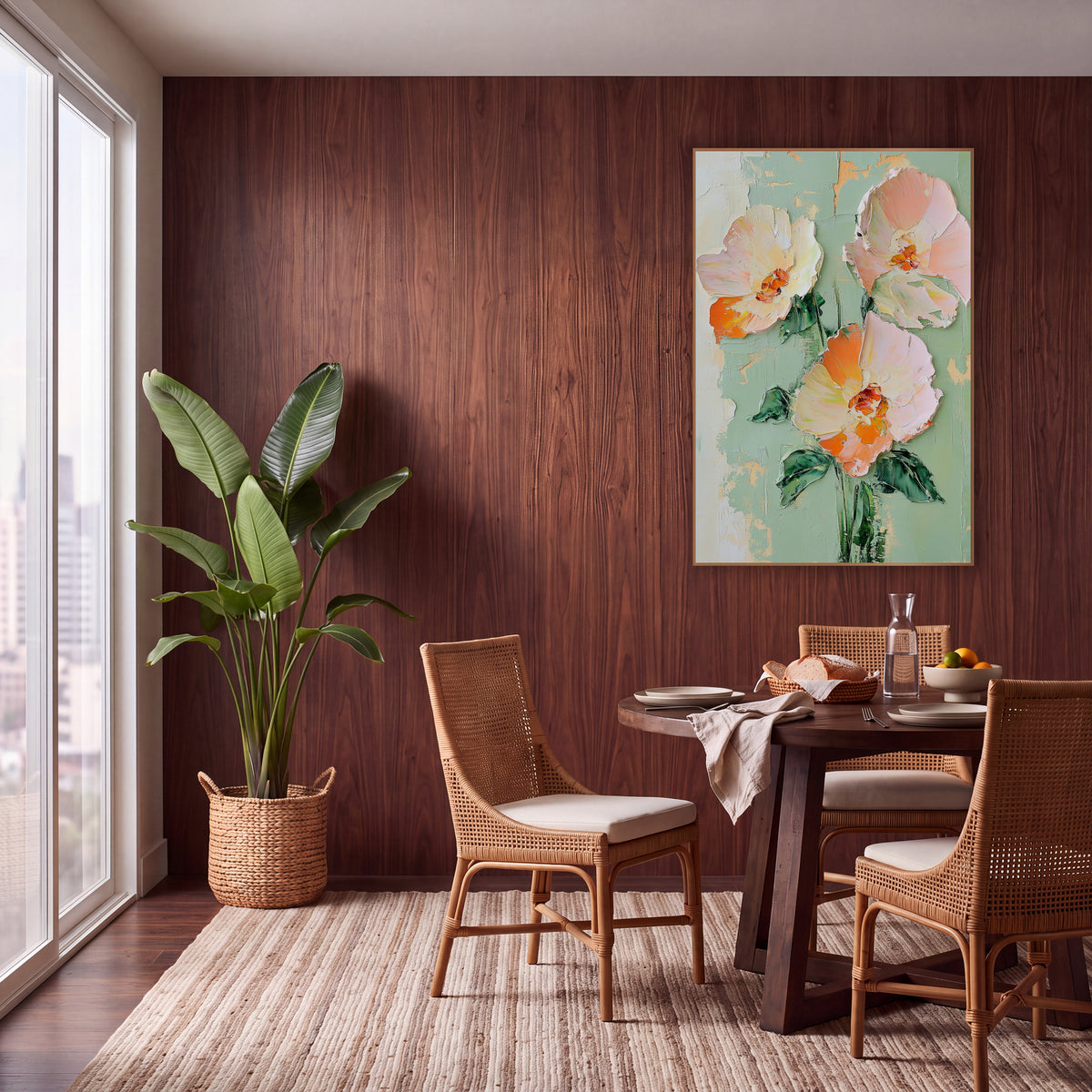Peach Blush Flower Trio Boho wall art in a warm boho-style room – three large peach and blush pink flowers with orange