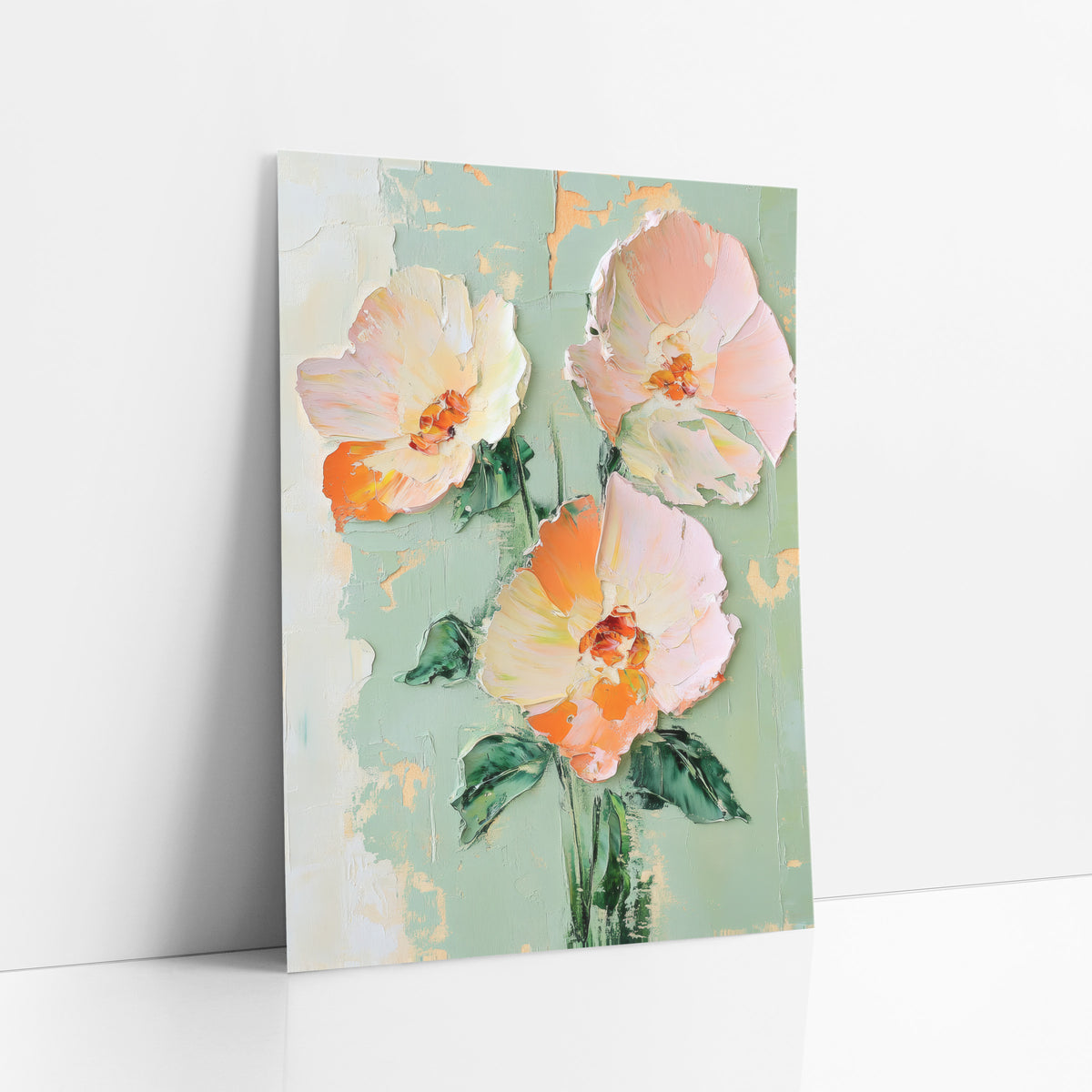 Peach Blush Flower Trio Boho art print leaning against a white wall – three large peach and blush pink flowers with orange