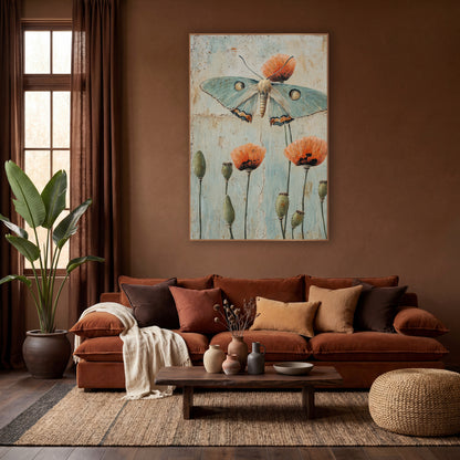 Pale Green Moth Poppy Botanical wall art in a warm boho-style room – pale green moth above orange poppies and green