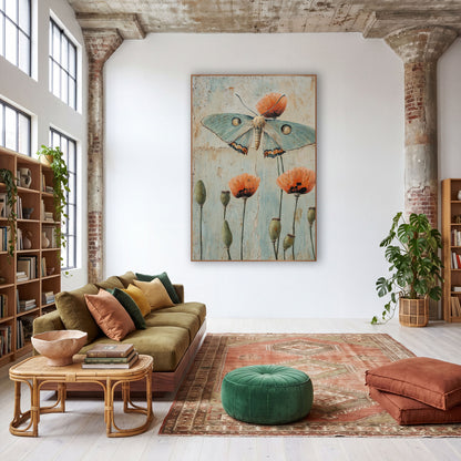 Pale Green Moth Poppy Botanical wall art in a warm boho-style room – pale green moth above orange poppies and green