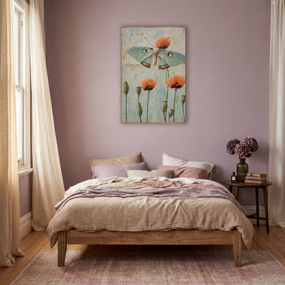 Pale Green Moth Poppy Botanical wall art in a warm boho-style room – pale green moth above orange poppies and green
