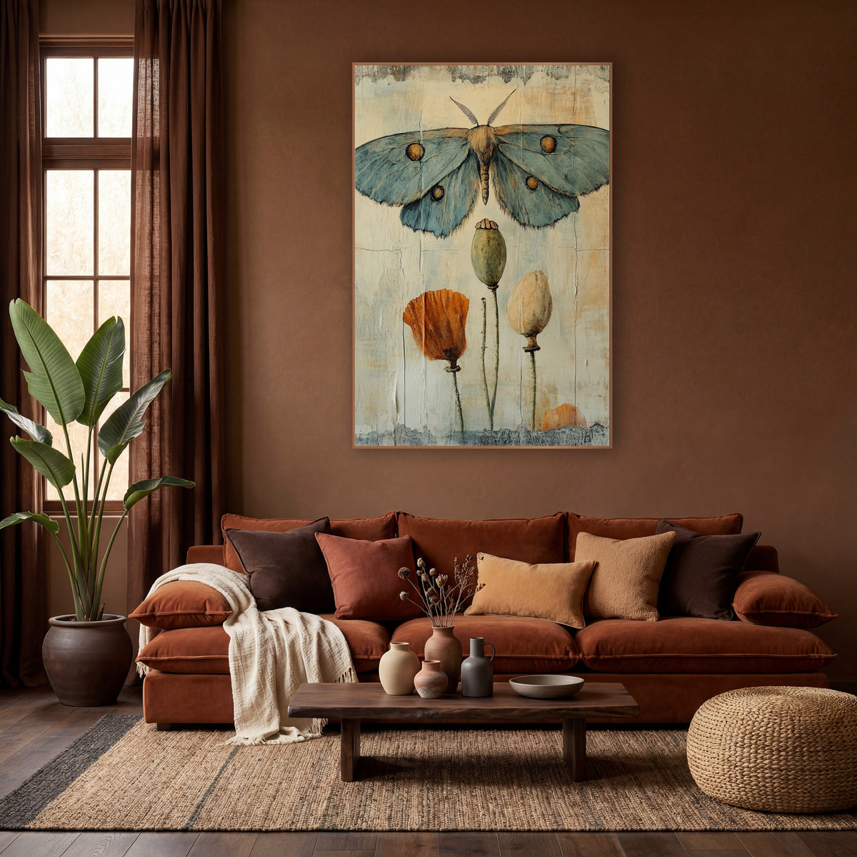 Blue Moth Poppy Pods Botanical wall art in a warm boho-style room – blue-gray moth with gold eye spots above two poppy