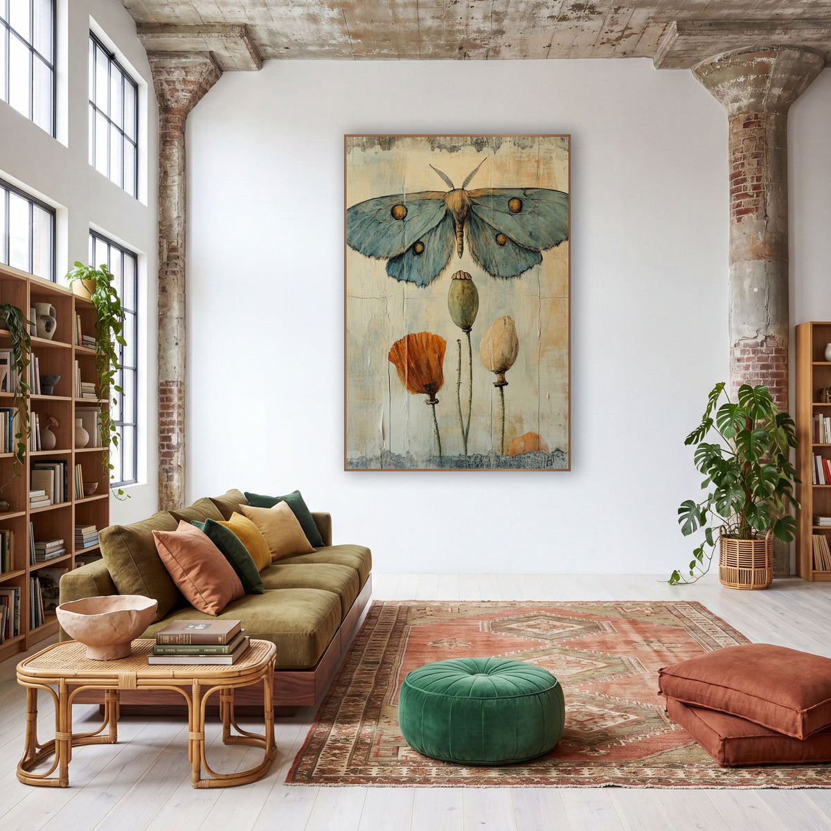 Blue Moth Poppy Pods Botanical wall art in a warm boho-style room – blue-gray moth with gold eye spots above two poppy