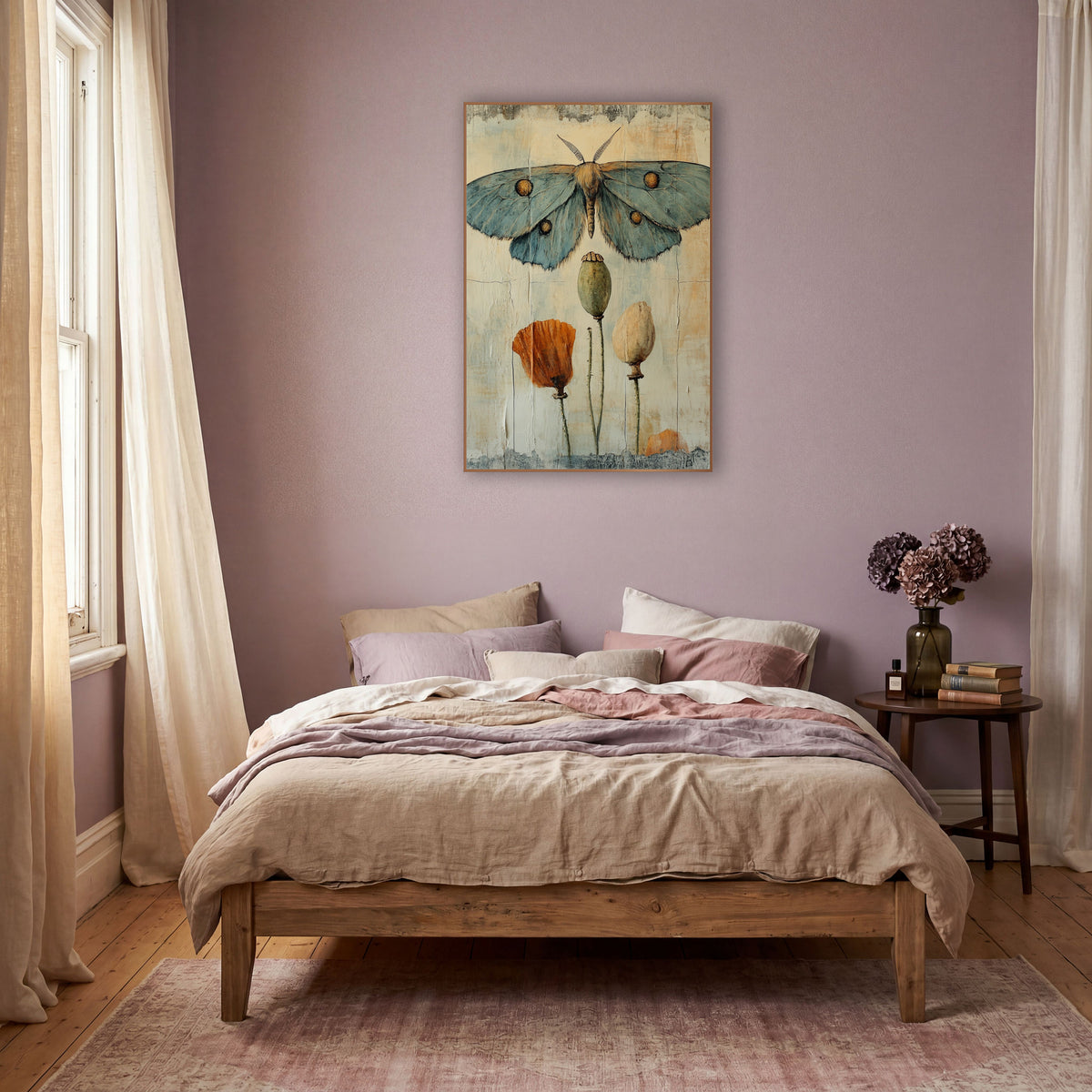 Blue Moth Poppy Pods Botanical wall art in a warm boho-style room – blue-gray moth with gold eye spots above two poppy