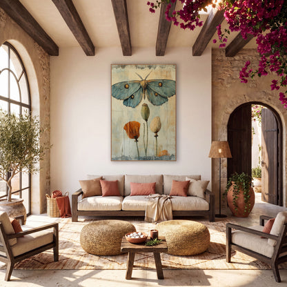 Blue Moth Poppy Pods Botanical wall art in a warm boho-style room – blue-gray moth with gold eye spots above two poppy