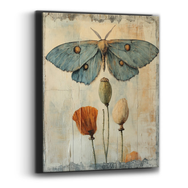 Blue Moth Poppy Pods Botanical Canvas Wall Art