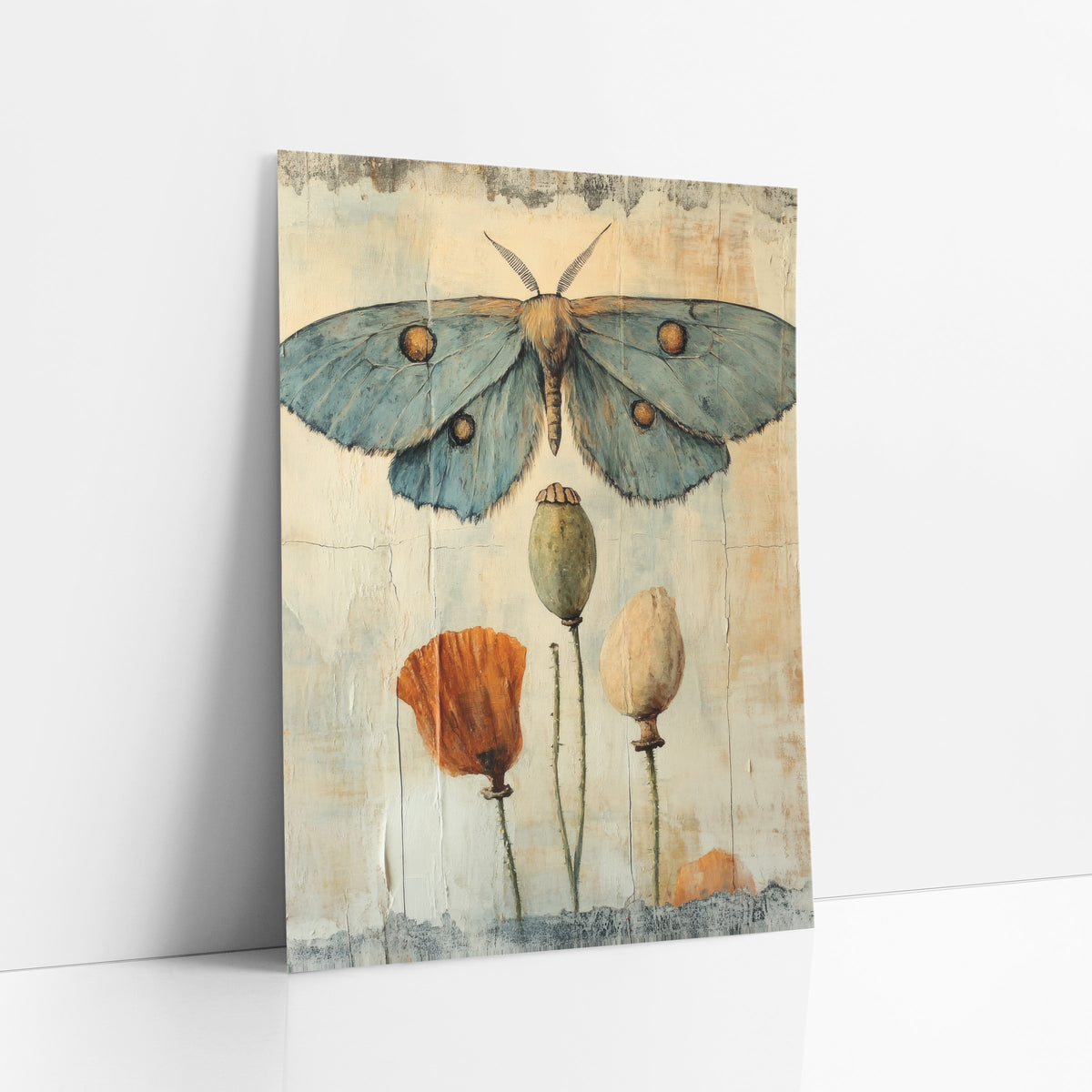 Blue Moth Poppy Pods Botanical art print leaning against a white wall – blue-gray moth with gold eye spots above two poppy
