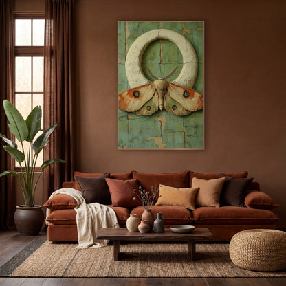 Eyespot Moth Ring Bohemian wall art in a warm boho-style room – large peach and orange moth with green eyespots