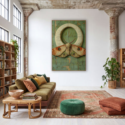 Eyespot Moth Ring Bohemian wall art in a warm boho-style room – large peach and orange moth with green eyespots