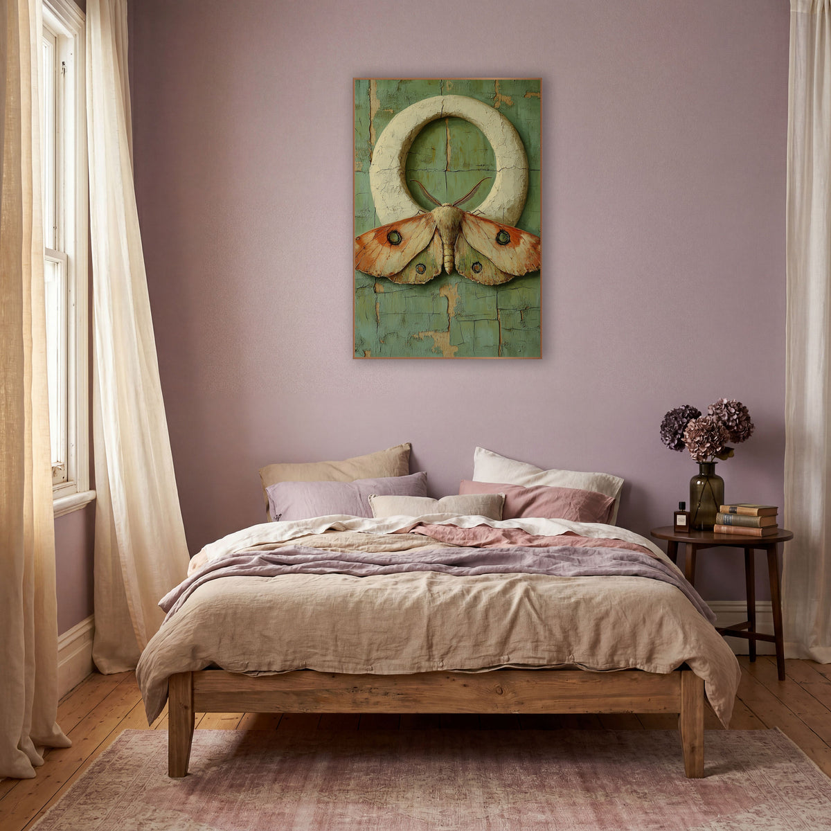 Eyespot Moth Ring Bohemian wall art in a warm boho-style room – large peach and orange moth with green eyespots