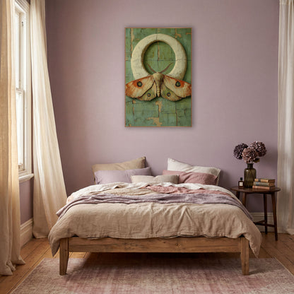 Eyespot Moth Ring Bohemian wall art in a warm boho-style room – large peach and orange moth with green eyespots
